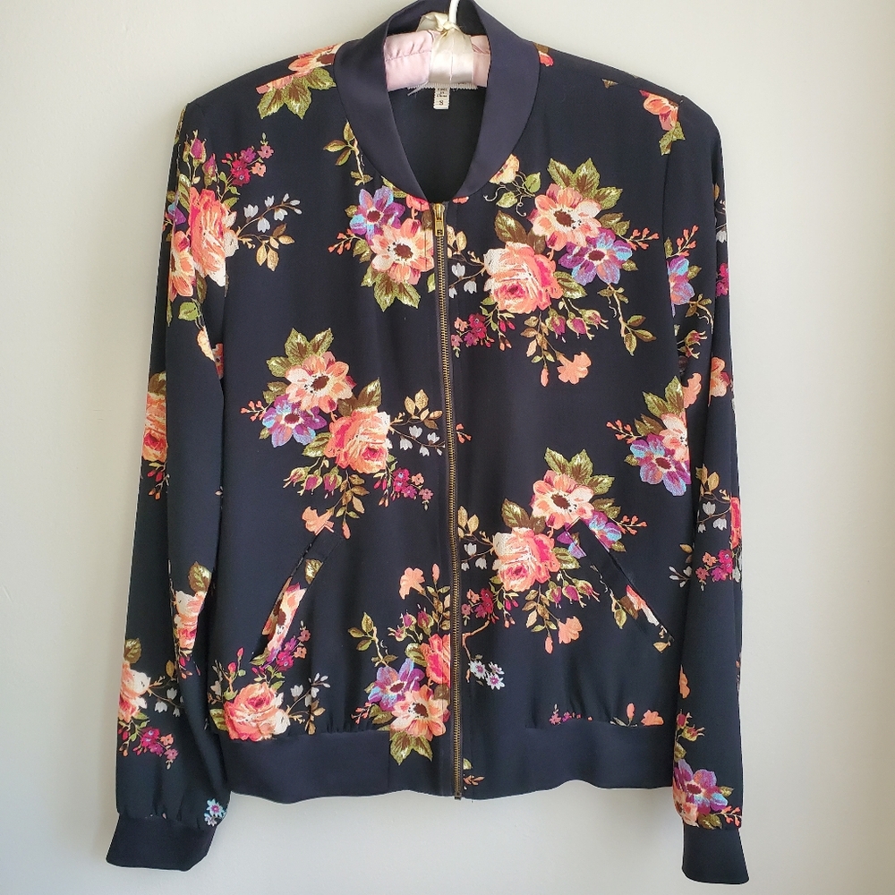 Monteau EUC Navy/Pink Floral Bomber  Baseball Jacket Top Cardigan SZ Small